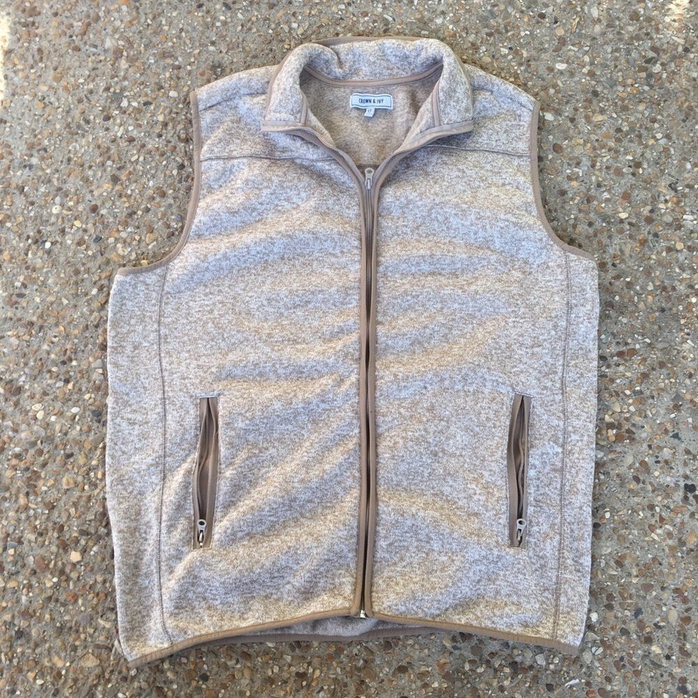Men’s Crown & Ivy Full Zip Heather Tan Knit Vest Pockets Size LT